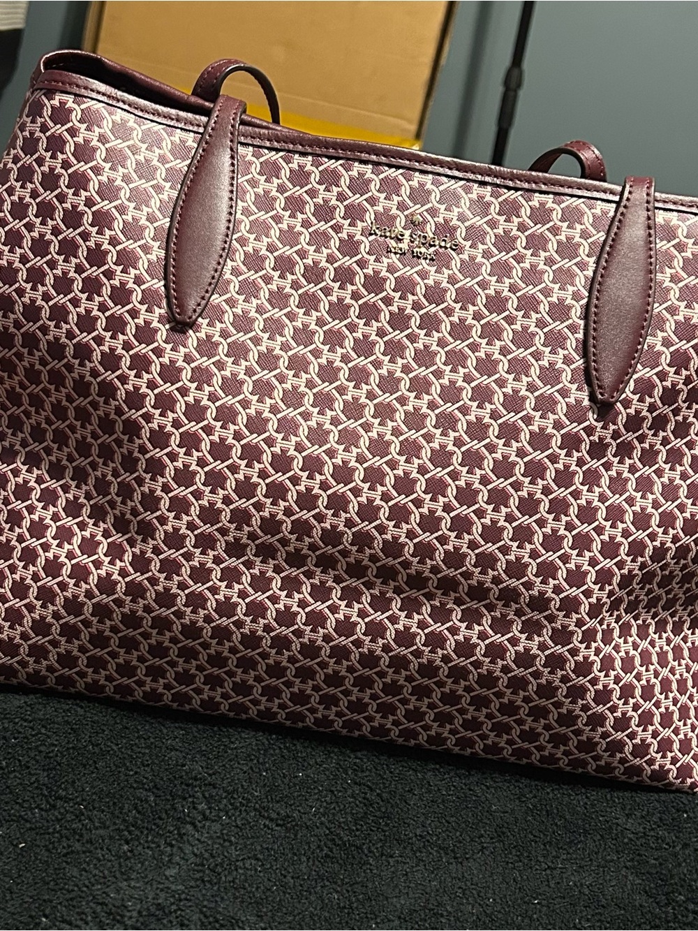 kate spade burgundy and cream patterned tote